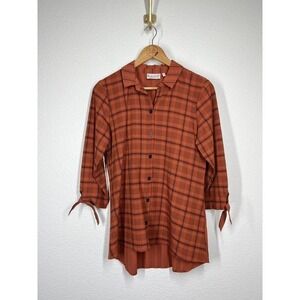 Habitat Small S Plaid Tie Sleeve Button Front Top Burnt Orange Black